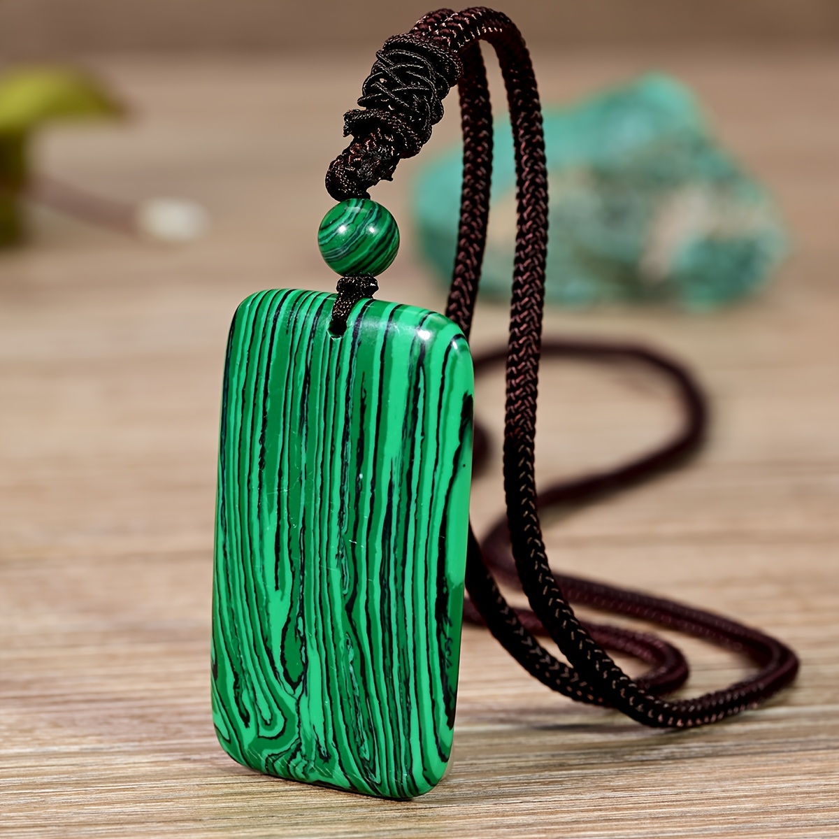 Malachite Square Pendant Long Necklace, Bohemian Style